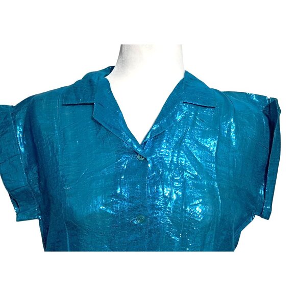 Vintage Blue Top Womens Size 3 Metallic Button Up Short Sleeve Shirt by Nina NOS - Picture 10 of 14